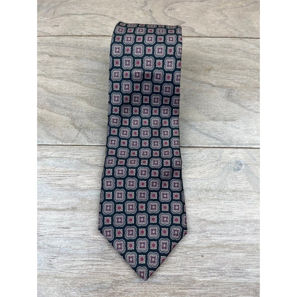 Hastings Bay Men's Tie Black Burgundy Geometric Silk 57 Inch
